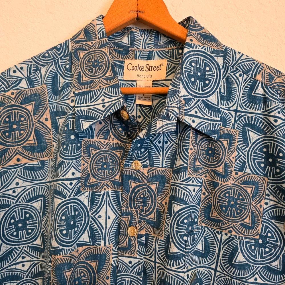 Cooke Street Honolulu Hawaiian Camp Shirt Aloha Beach Blue Geometric Men's SZ L